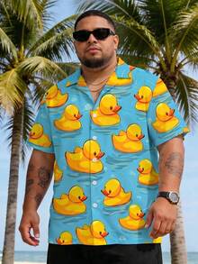 Men's Plus Size Funny Yellow Duck All-Over Print Short Sleeve Floral Shirt, Beach Vacation Style Lapel Casual Shirt - Multicolor - View 1