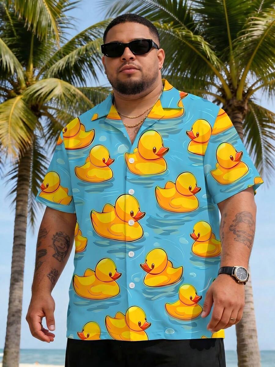 Men's Plus Size Funny Yellow Duck All-Over Print Short Sleeve Floral Shirt, Beach Vacation Style Lapel Casual Shirt - Multicolor - View 1