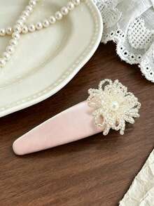1pc Elegant Rhinestone & Faux Pearl Flower Decor Blue & Pink BB Hair Clip, Luxury Side Hairpin New Hair Accessory,Hair Barrettes - Multicolor - View 7