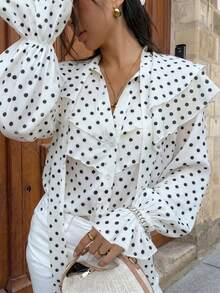 Women's Summer Polka Dot Pattern Layered Ruffle Hem Casual Shirt, Elegant For Commuting And Daily Wear White - White - View 2