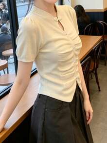 女款素色鏤空休閒針織上衣 夏季 - 杏色 - 查看 7