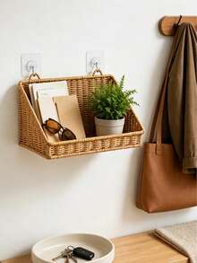 1pc Bathroom Storage Rack Decorative Storage Shelf Woven Bamboo Hanging Storage Basket Bathroom Accessories Kitchen Storage Wall-Mounted Toiletries Storage Basket - Multicolor - View 5