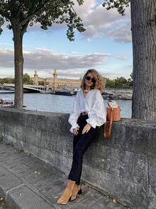 Solstice Apparel Women French‑Style White Blouse Loose Lapel Puff Balloon Sleeve Ruffle Cuff Casual Commuter Shirt - White - View 3