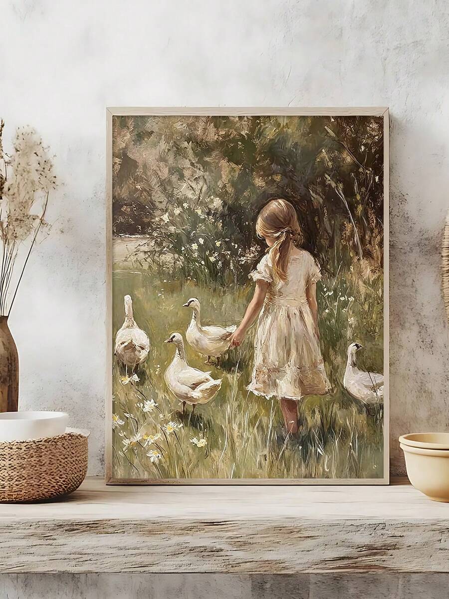 1pc Goose Girl Prints, Rustic Farmhouse Moody Girl With Ducks Painting,Shepherdess Lamb Art, Ideal Gift,Suitable For Bedroom,Living Room,Office,Wall Arts,Wall Decor,Home Decor,Room Decor,Canvas Wall Art,Posters, Wall Art With Frame, Optional Frame - 1PCS - View 1