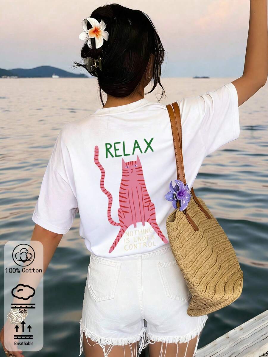 Damen-T-Shirt in Unifarbe mit Rundhalsausschnitt, kurzen Ärmeln und taillierter Passform, kurzes Schnitt, ideal für Frühling/Sommer, Freizeitkleidung, Streetwear, Y2K-Stil, Painted Kitten - Weiss - Übersicht 1