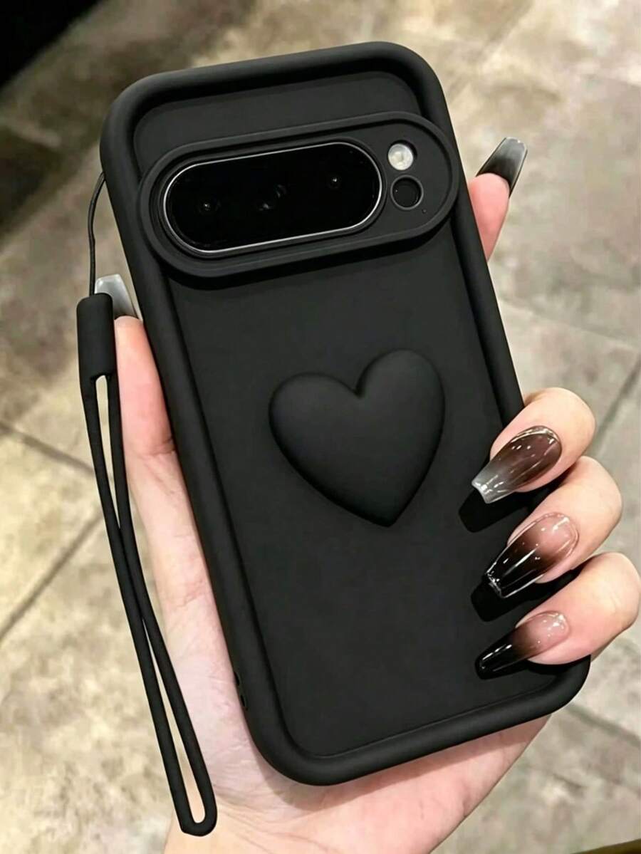 1pc Matte Black Silicone-Like Phone Case With 3D Heart And Lanyard, Compatible With Google Pixel 9/9 Pro/9 Pro XL, Compatible With Pixel 8/8 Pro/7/7 Pro Protective Case With Lanyard, Waterproof, Anti-Drop, Anti-Scratch, Suitable For Teenage Girls Birthday, Date And Valentine's Day Gift - Black - View 1