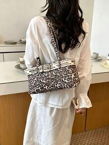 Summer Women's Leopard Print Letter Tote Bag 2026 New Niche Design Denim Commuter Crossbody Bag - Brown - View 4