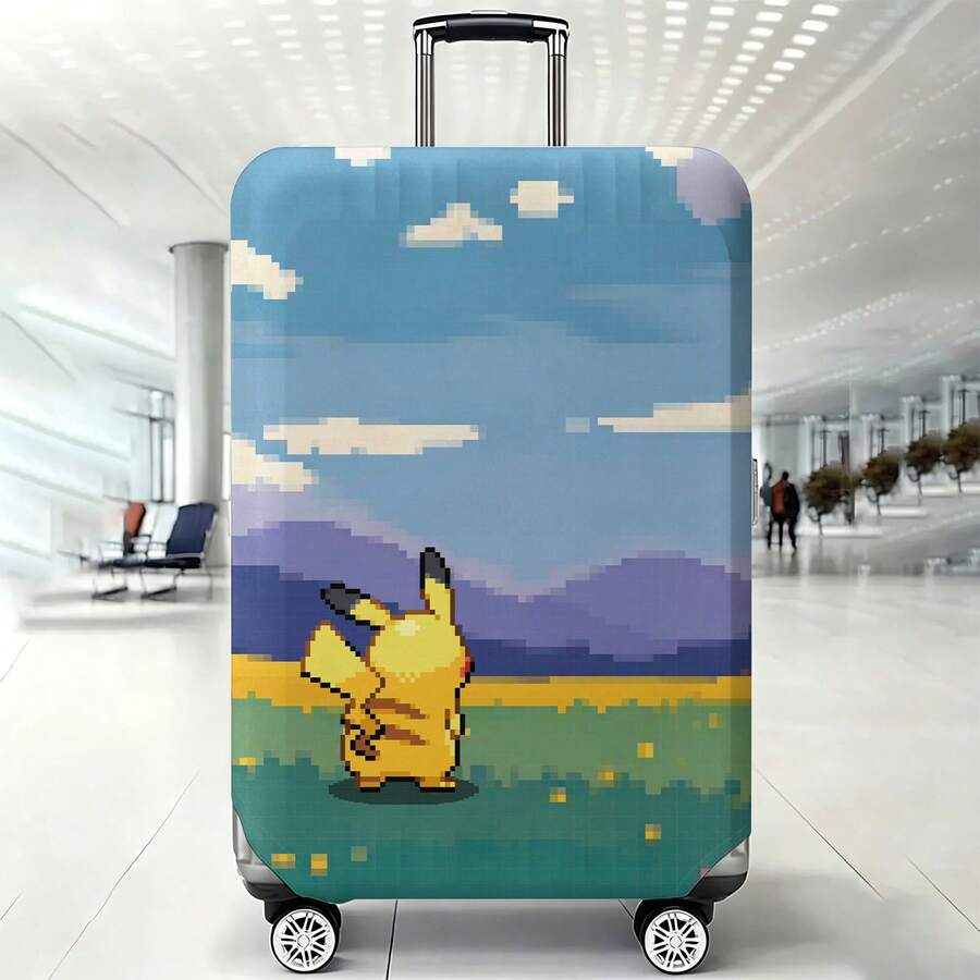 Miniso Pokemon Pikachu Wilderness Pixel Landscape Print Luggage Cover, Stretch Full Wrap Washable Suitcase Protector, Retro Game Style Anti-Scratch Dustproof Travel Skin - Color - View 1