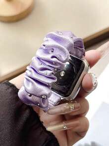 1pc Purple Satin Rhinestone Elastic Hair Tie Watch Band Compatible With Apple Watch Series 11/10/9/8/7/6/5/4/3/2/4/1/Ultra/SE/38/40/41/42/44/45/46/49mm, Women's Shiny Decorative Wristband, Smart Watch Band Accessory Summer Hair Tie Strap, Affordable Wristband - Smoke Purple - View 6