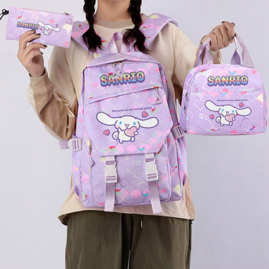 Miniso 紫色美人魚鱗片愛心抱著大耳狗 3合1背包套裝,適用於學校學習、戶外徒步、週末旅行、購物逛街、度假休閒出遊 - 淡紫色 - 查看 1