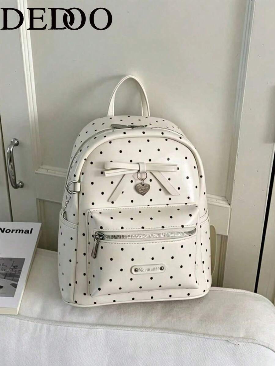 Dedoo Nouveau sac à dos décontracté à pois pour femmes, sac à dos de voyage polyvalent pour les trajets, style universitaire, sac d'école - Blanc - Voir 1
