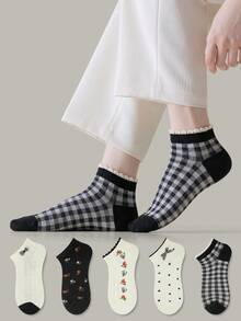 ZUJO 5 Pasang Kaos Kaki Pendek Wanita Hitam & Putih, Motif Polkadot & Bunga Kecil & Pita & Papan Catur, Cocok untuk Pemakaian Sehari-hari, Sederhana dengan Warna Acak - Hitam dan Putih - View 4