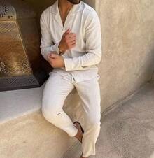 Men's Two-Piece Set Spring Autumn, Long Sleeve Knit Cardigan With Matching Long Pants Casual Outfit - Off White - View 3