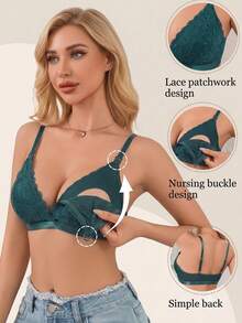 Maternity Front-Open Nursing Bra, Sexy Floral Lace, Adjustable Shoulder Straps, Comfortable Bra - Dark Green - View 8