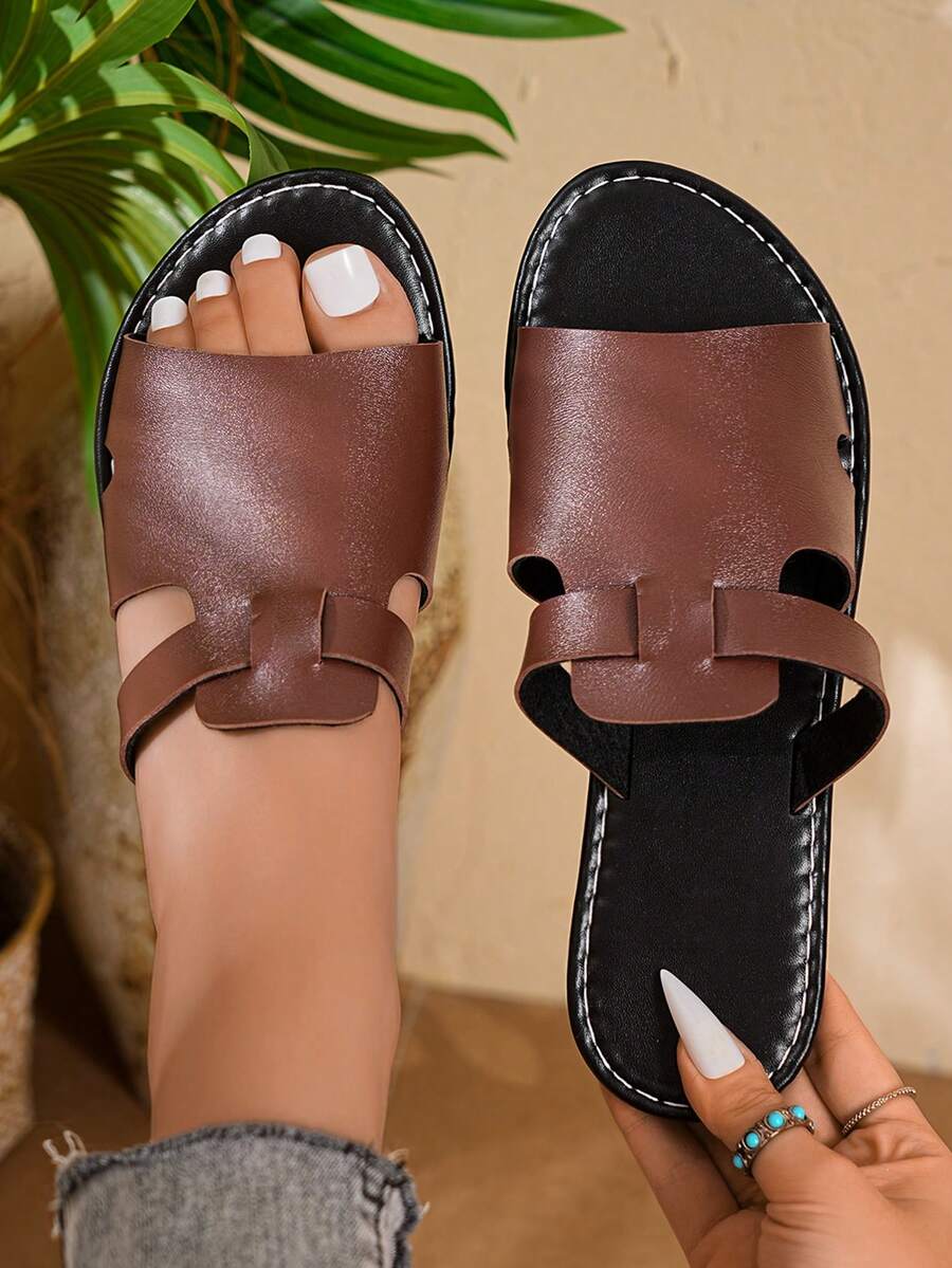 New Spring/Summer Fashion Casual Slip-On Sandals, Casual Flat Slides, Beach Sandals, Vacation Style Versatile Flat Slip-On Women's Sandals - Coffee Brown - View 1