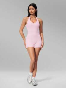 MFVIM Women V-Neck Halter Backless Yoga Bodysuit, Slim Fit Hip Lifting Short Jumpsuit For Running, Cycling, Pilates & Gym Workout - Baby Pink - View 7