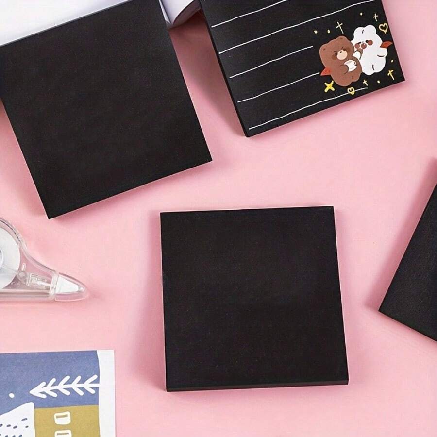 2 Pads 100 Sheets Minimalist Pure Black Sticky Notes, Self-Adhesive Solid Color Tearable Memo Pads, Simple Note Paper For School Office Planner Journal Scrapbook Daily Reminder Stationery Supplies School Supplies - 100Sheets - View 1