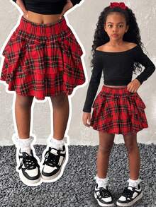 1pc Girls Fashion Versatile Retro Classic Plaid Skirt Spring Summer Autumn Back To School - Red - View 5