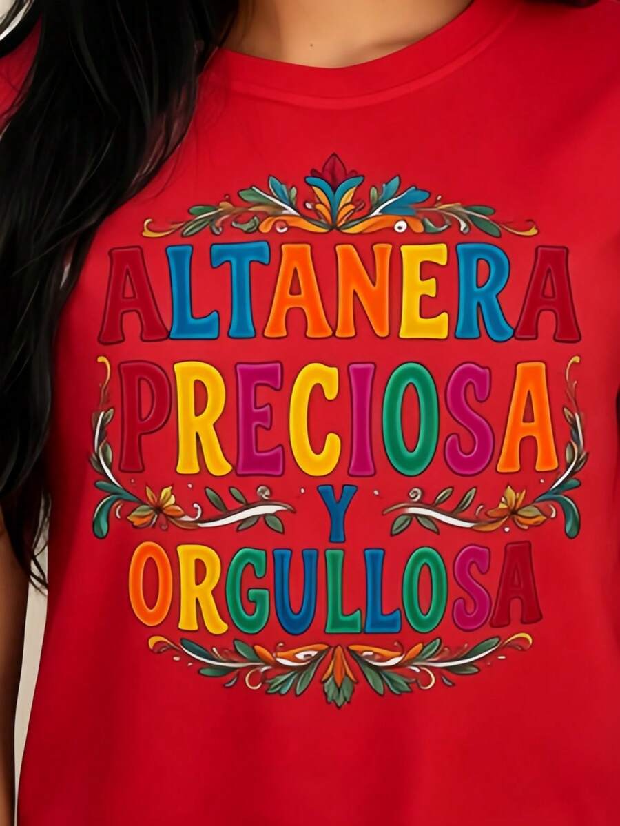 Colorful Women's T-Shirt "Proud, Beautiful, And Authentic" With Mexican-Inspired Design, White, Casual Wear For Celebrations And Festivals. 2D Women's T-Shirt - 紅色 - 查看 1