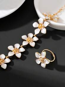1 pezzo Elegante Set di Gioielli da Donna Stile Vacanza Estiva Spiaggia Bianco Fatto a Mano con Bracciale e Anello a Goccia d'Olio Plumeria, Versatile per Pendolarismo e Vacanza - Bianco - Visualizzare 4