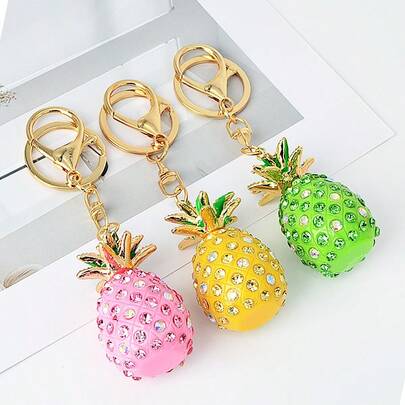 1 Stück Sommer Schulanfang Weihnachten Valentinstag Täglich Legierung Strass Ananas Schlüsselanhänger, bunter glänzender Frucht Taschenanhänger Anhänger