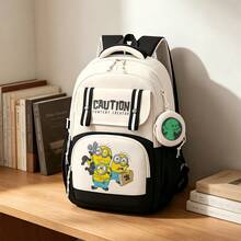 Miniso Sac à dos quotidien large en deux pièces style coréen Minion, bloc de couleurs noir et blanc, avec slogan CAUTION CONTENT CREATER, porte-monnaie rond avec motif fantôme vert, Pe - Couleur 1 - Voir 1