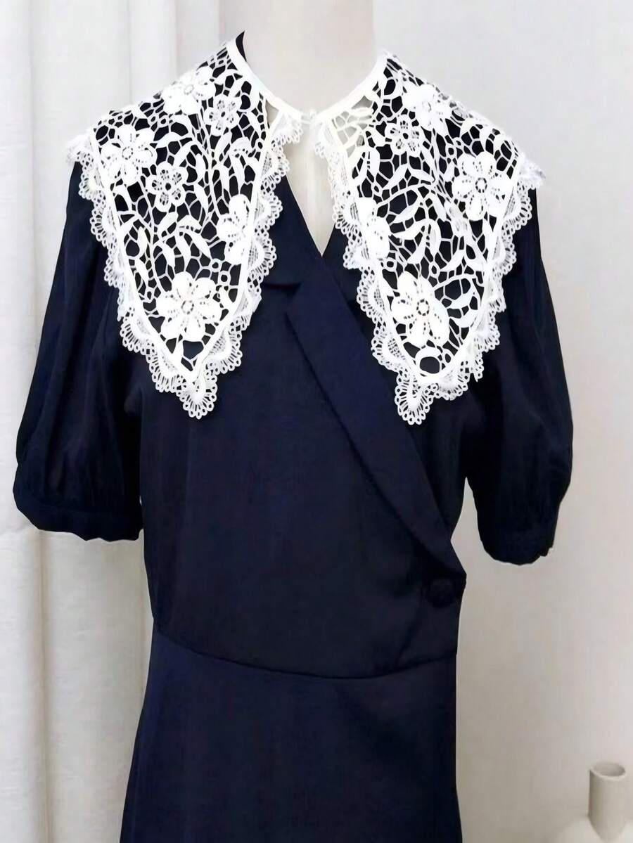 1件女款大尺寸刺繡領飾，百搭時尚裝飾領，適用春夏洋裝 - 白色 - 查看 1