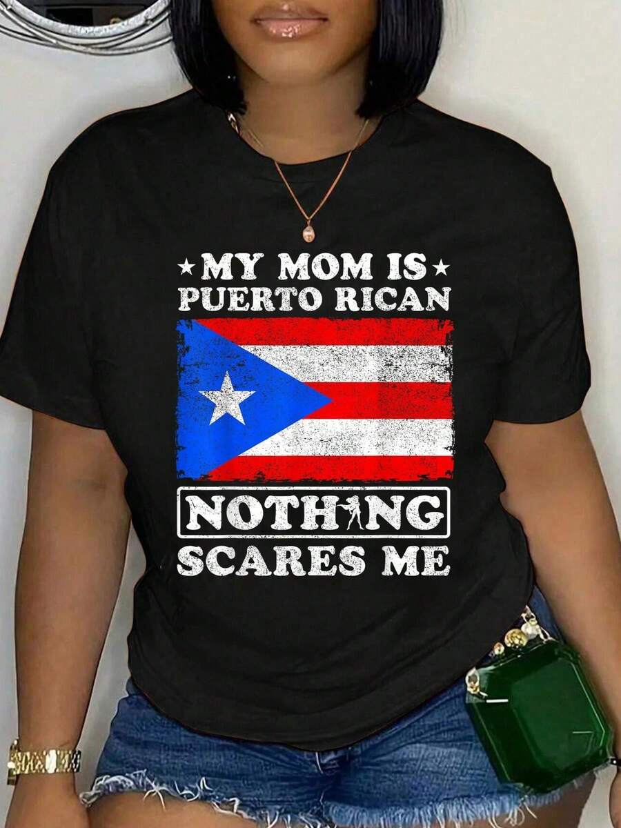 100%Pure Cotton Puerto Rico Mom Theme T Shirt,Men And Women,Loose And Comfortable,Soft Round-Neck Top. - 黑色 4 - 查看 1