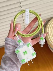 5件組可愛綠色蝴蝶結與白色珍珠設計手機充電器保護套組，包含充電線保護套、充電頭保護套等，防止充電線末端損壞，適用於 18W/20W充電器 - 綠色 - 查看 5