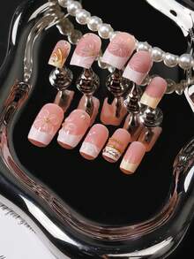 24pcs Medium Rectangular Nude To Cream Gradient French Style Nail Stickers, Gentle Pure Aesthetic, Long Rectangular Nail Tips, Portable For Travel, Suitable For Dresses, Commuting, Weddings, Anniversaries, Afternoon Tea, Full Of Atmosphere - 黃色 - 查看 3