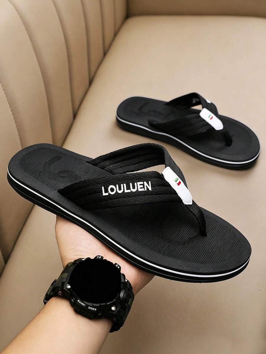 Men's Contrast Color Geometric Pattern Sole, Multi-Layer Trim Flat Design, Lightweight Soft Versatile Casual Beach Flip Flops For Home, Walking And Seaside Vacation - Black - View 1