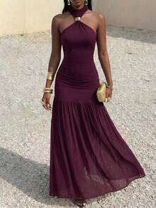 Vestido largo de mujer marrón con cuello halter | Vestido de fiesta con hebilla de metal, cintura fruncida y bajo con volantes - Morado - Ver 3