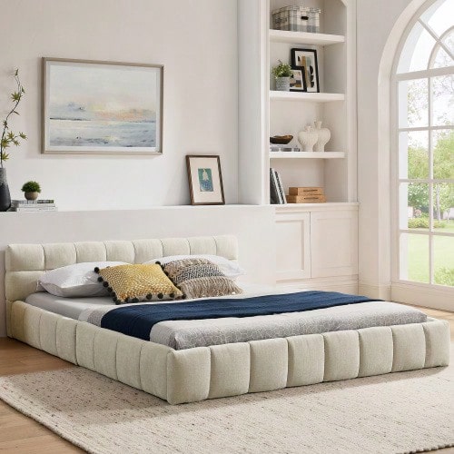 Double Bed 160*200 Cm, Bed With Silky Soft Chenille Cover, Square Quilted Design - 米色 - 查看 1