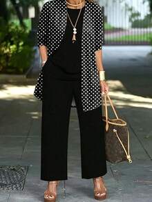 Plus Size Women's Fashion Polka Dot Print Elegant 3 Pieces Set Black - Black - View 1