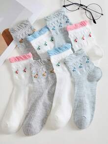 4 Pairs Women's Short Socks, Bubble Cuff Floral Mid-Calf Socks, Comfortable Versatile, Breathable Non-Slip, Suitable For All Seasons - Multicolor - View 3