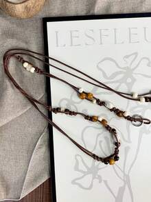 Bohemian Style Beaded Leather Cord Thin Waist Belt, Double Strand Tie Waist Belt With Faux Stone, Shell And Wooden Bead Decor, Bohemian Style Festival Accessory For Women - Woven Belt - View 12