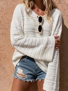 Marisole Women's Casual Daily V-Neck Long Sleeve Hollow Ribbed Knit Sweater, Fashion Minimalist Vacation Travel Top, Spring Autumn Summer White Fall - White - View 6
