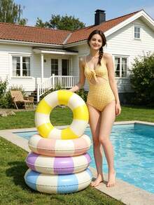 1pc Summer Pool Inflatable Swim Ring, Thickened PVC Retro Striped Pool Float, Leak-Proof And Durable, Suitable For Pool Parties, Beach Vacations, Lakeside Leisure And Graduation Season Celebrations, Adult Universal Water Toy, The Best Summer Gift For Yourself Or Friends During Graduation Season, Make Every Dip A Highlight Moment On Social Media - Thickened Swimming Ring - View 9