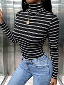 女款休閒羅紋條紋高領長袖修身T恤，適合日常穿著，秋冬上衣套裝，可愛外出風 - 條紋 - 查看 5