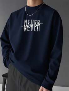 NEVER Give Up Inspirational Letter Loose Long Sleeve T-Shirt Men Spring Autumn Navy Blue Casual Base Layer - Navy Blue - View 1