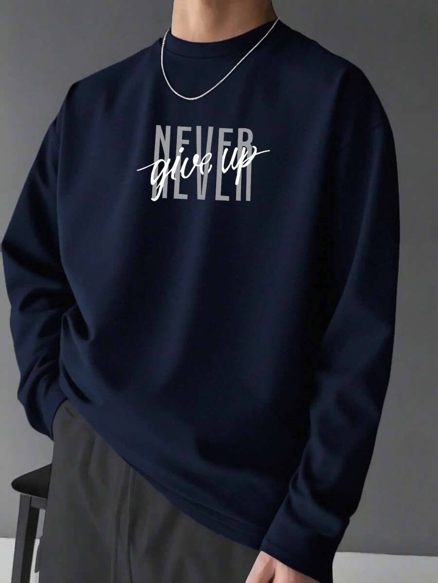 NEVER Give Up Inspirational Letter Loose Long Sleeve T-Shirt Men Spring Autumn Navy Blue Casual Base Layer - Navy Blue - View 1