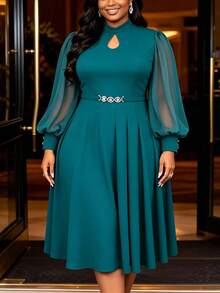 Plus Size Women's Elegant Hollow High Collar Chiffon Sheer Lantern Sleeve A-Line Dress Party Wedding Fall - Green - View 2