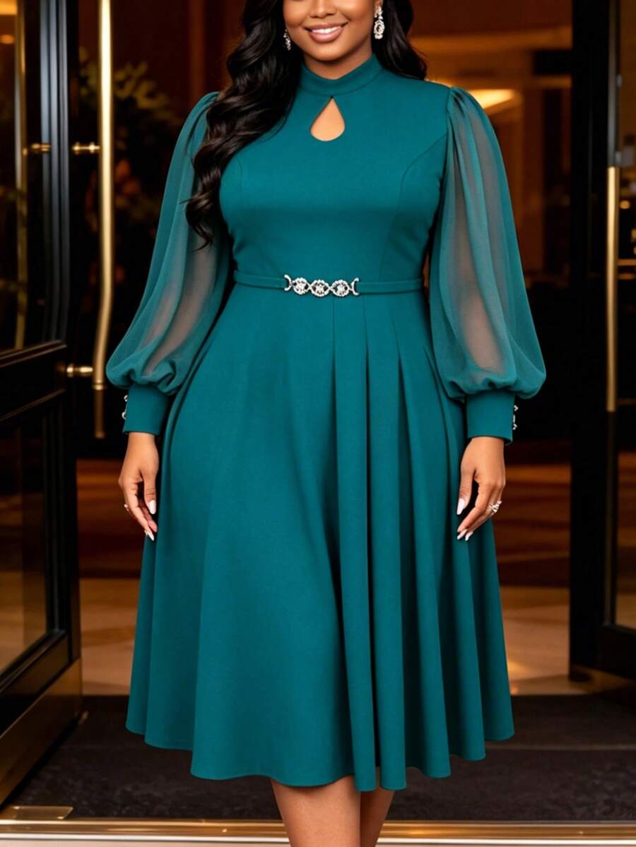 Plus Size Women's Elegant Hollow High Collar Chiffon Sheer Lantern Sleeve A-Line Dress Party Wedding Fall