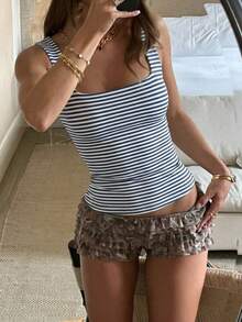 Women's Solid Color Square Neck Fitted Casual Camisole, Minimalist Retro Solid Color Vest, Summer Fashion Backless Knit Camisole, Casual Versatile, Suitable For Work Commute - Blue and White Stripes - View 3