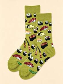 1 Pair Women's Sushi Pattern Mid-Calf Socks, Autumn/Winter Style - Olive Green - View 6