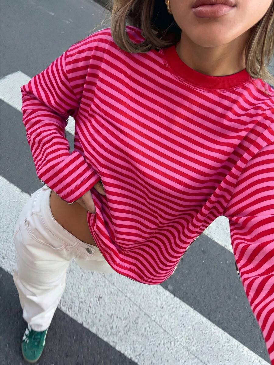 Women's Casual Top, Striped Contrast Ribbed Knit, Everyday Wear, Spring/Autumn