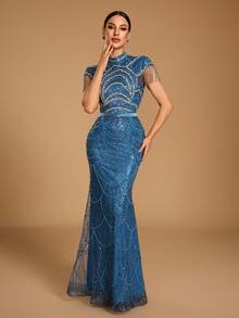 GIFORU Women's Elegant Heavy Beaded & Sequined Mermaid Evening Gown, Formal Evening Dress Fall Wedding Party - Dusty Blue - View 4
