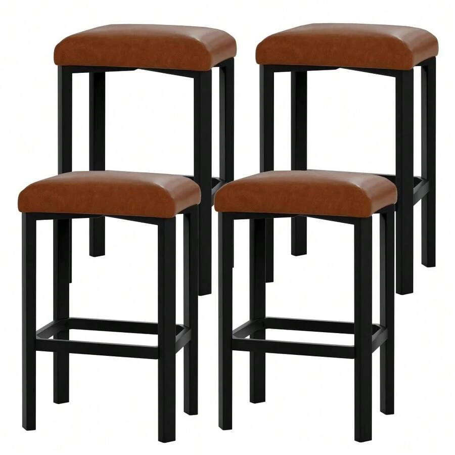 Taburetes de bar de altura encimera de 24 pulgadas, pack de 2 o 4 unidades. Sillas de cocina para zona de desayuno en piel sintética PU, con tapizado acolchado de 2 pulgadas de grosor - Marrón 4 piezas - Ver 1