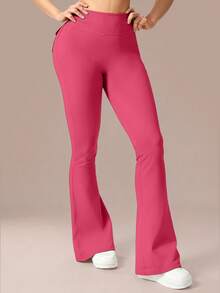 6pecil Rosarote Yoga-Hose mit hoher Taille und ausgestelltem Bein, mit Taschen, gerafftem Po-Lift-Effekt, Peach-Butt-Flare, V-förmiger Bauchkontrolle, Hot Pink Bootcut Leggings für Sport - Rosenrot - Übersicht 8
