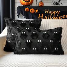 1pc Halloween Ghost Decorative Pillowcase, Beige Soft Plush Faux Fur Farmhouse Style Sofa Cushion Cover, Autumn Holiday Home Decor, Pillowcase, Dorm Bedroom Room Decoration, Thanksgiving Halloween Gift - Black - View 4